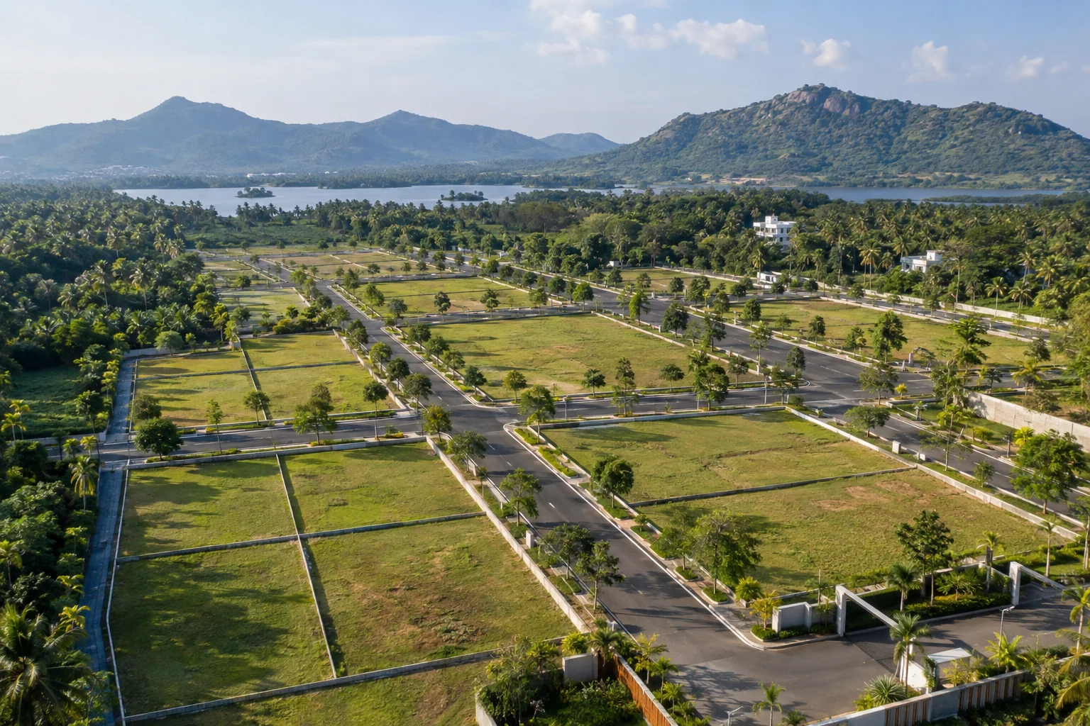 Illustrative residential plotted layout with access roads and greenery