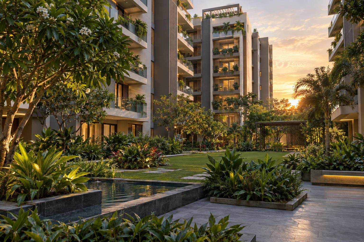Illustrative premium residential community with modern apartments and landscaped gardens